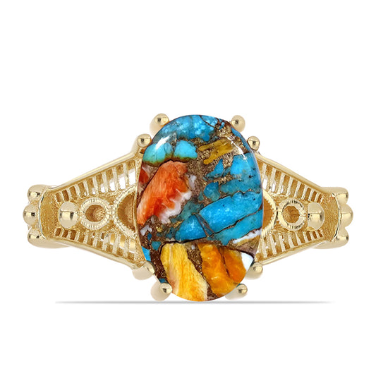 Anel de Prata com Banho de Ouro com Ostra Turquesa  Contraste: Cabeca de Veado (800)