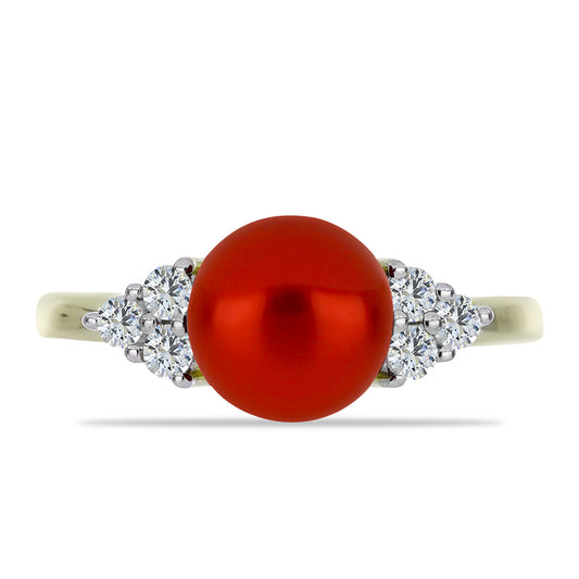 Anel de Prata com Banho de Ouro com Pérola Vermelha de Água Doce e Topázio Branco