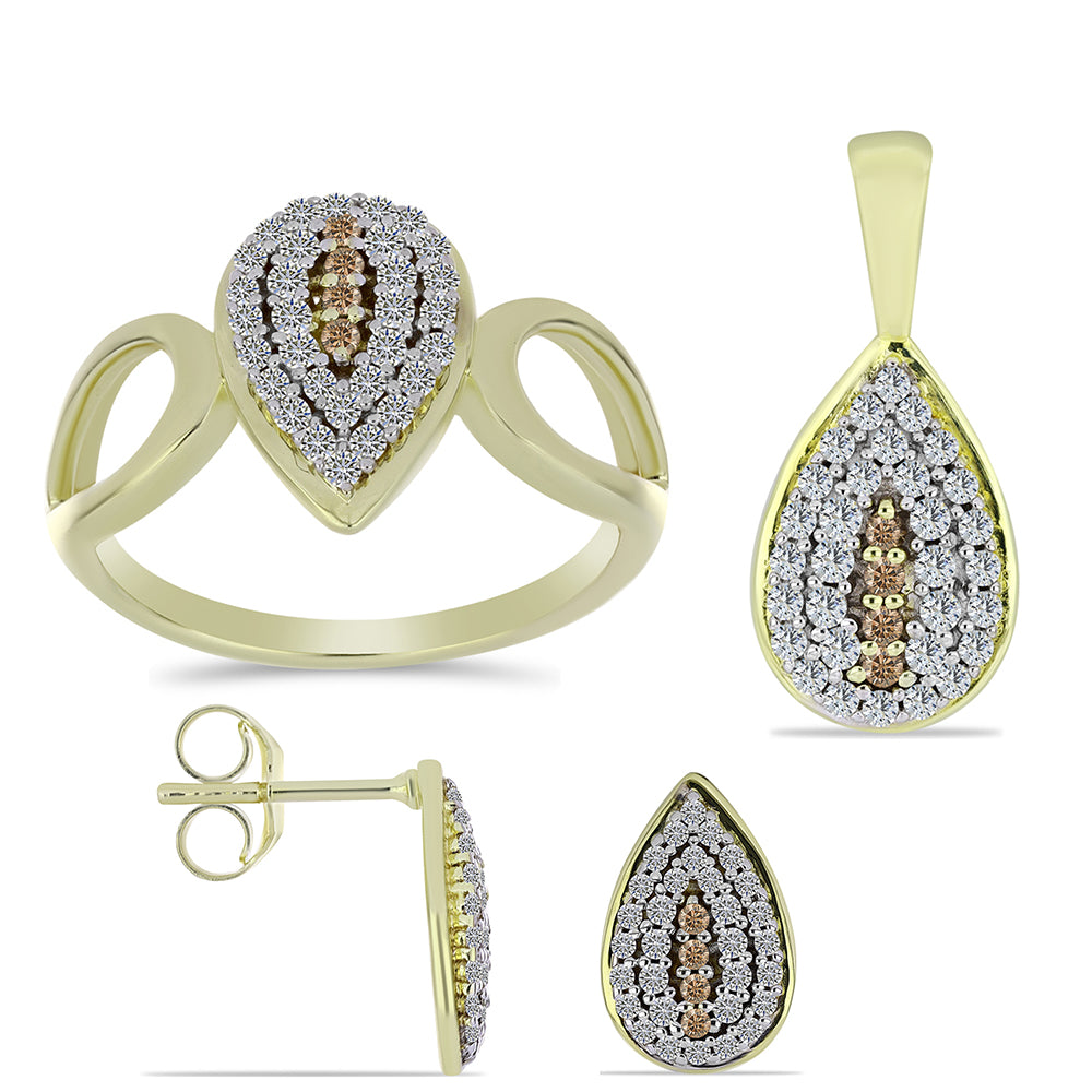 Conjunto de Prata com Banho de Ouro com Diamante Champanhe e Topázio Branco ( Brincos+Anel+Pendente )  Contraste: Cabeca de Veado (800)