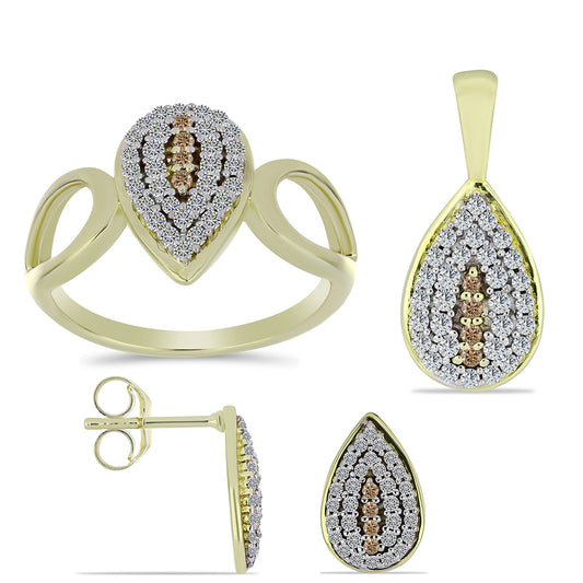 Conjunto de Prata com Banho de Ouro com Diamante Champanhe e Topázio Branco ( Brincos+Anel+Pendente )  Contraste: Cabeca de Veado (800)