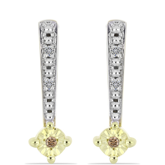 Brincos de Prata com Banho de Ouro com Diamante Champanhe e Diamante Branco