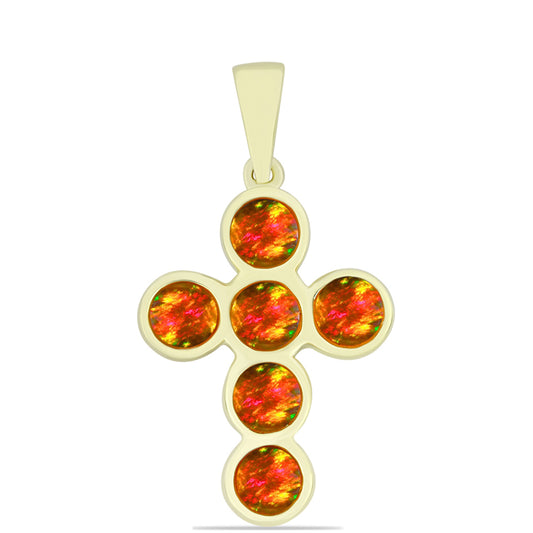 Cruz Pendente de Prata com Banho de Ouro com Opala Fogo Americano