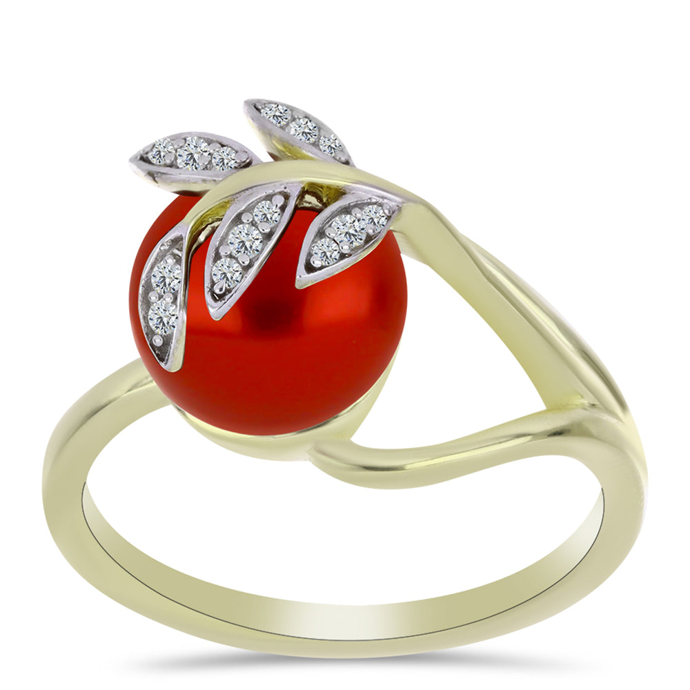 Anel de Prata com Banho de Ouro com Pérola Vermelha de Água Doce e Topázio Branco  Contraste: Cabeca de Veado (800)