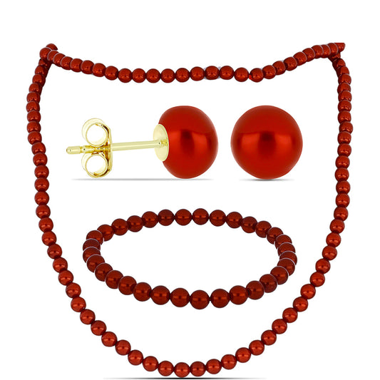 Conjunto com Pérola Vermelha de Água Doce ( Colar+Brincos+Pulseira )