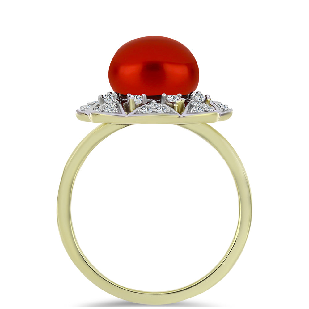 Anel de Prata com Banho de Ouro com Pérola Vermelha de Água Doce e Topázio Branco  Contraste: Cabeca de Veado (800) 2 