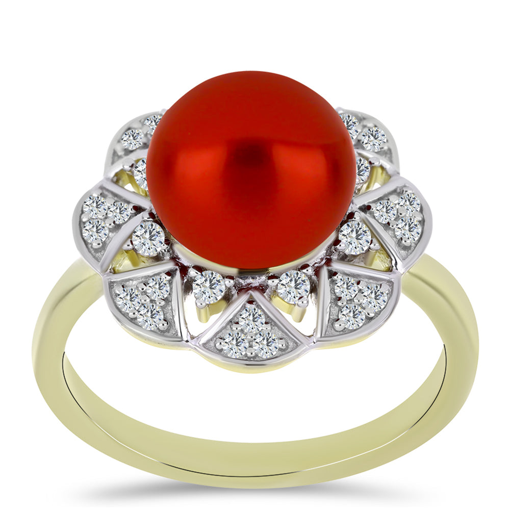 Anel de Prata com Banho de Ouro com Pérola Vermelha de Água Doce e Topázio Branco  Contraste: Cabeca de Veado (800) 3 