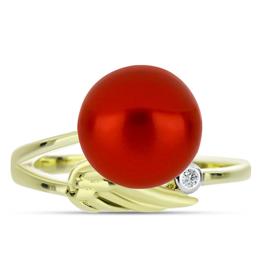 Anel de Prata com Banho de Ouro com Pérola Vermelha de Água Doce e Topázio Branco
