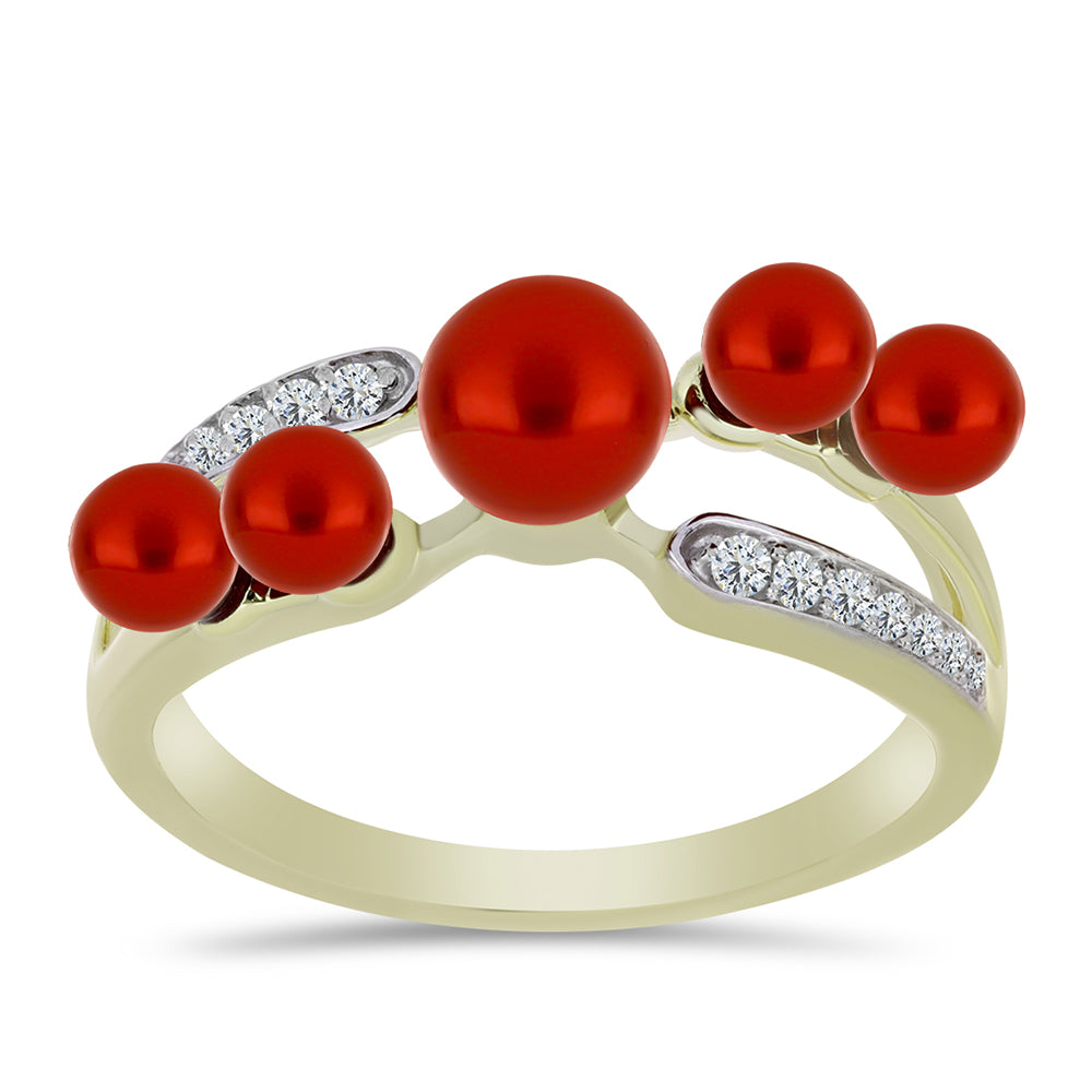 Anel de Prata com Banho de Ouro com Pérola Vermelha de Água Doce e Topázio Branco