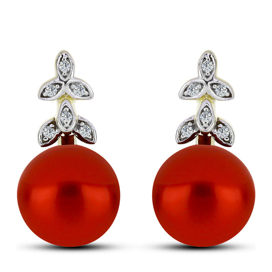 Brincos de Prata com Banho de Ouro com Pérola Vermelha de Água Doce e Topázio Branco