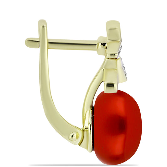 Brincos de Prata com Banho de Ouro com Pérola Vermelha de Água Doce e Topázio Branco