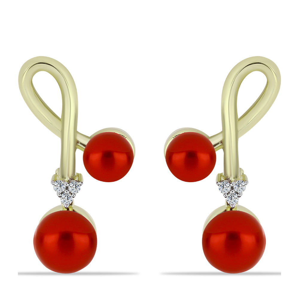Brincos de Prata com Banho de Ouro com Pérola Vermelha de Água Doce e Topázio Branco 1 