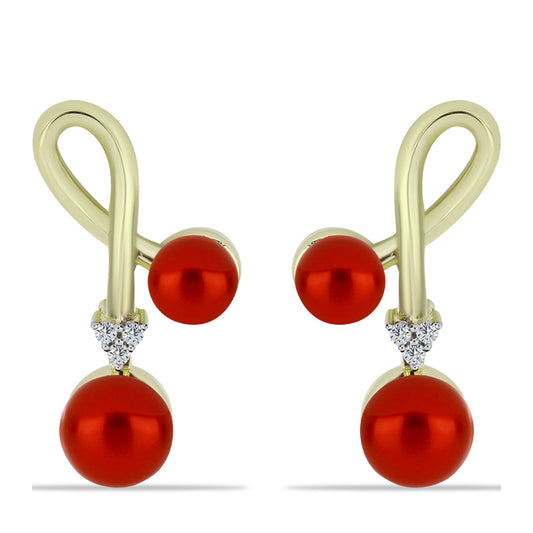 Brincos de Prata com Banho de Ouro com Pérola Vermelha de Água Doce e Topázio Branco