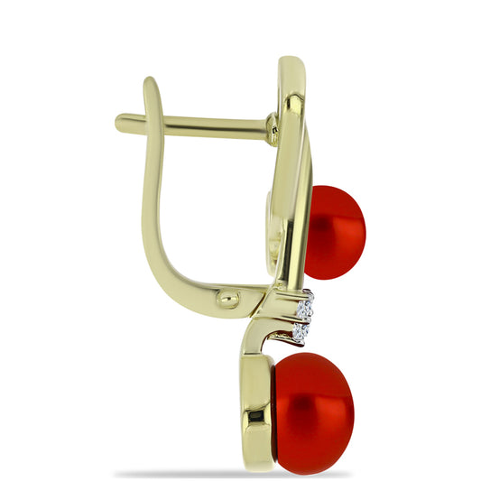 Brincos de Prata com Banho de Ouro com Pérola Vermelha de Água Doce e Topázio Branco