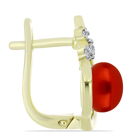 Brincos de Prata com Banho de Ouro com Pérola Vermelha de Água Doce e Topázio Branco