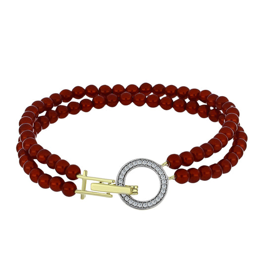 Pulseira de Prata com Banho de Ouro com Pérola Vermelha de Água Doce e Topázio Branco