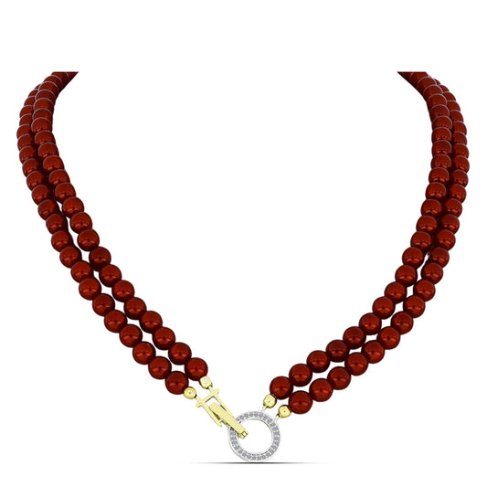 Colar de Prata com Banho de Ouro com Pérola Vermelha de Água Doce e Topázio Branco
