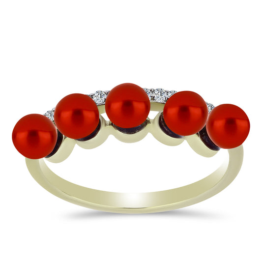 Anel de Prata com Banho de Ouro com Pérola Vermelha de Água Doce e Topázio Branco