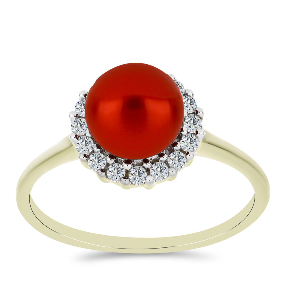 Anel de Prata com Banho de Ouro com Pérola Vermelha de Água Doce e Topázio Branco 3 