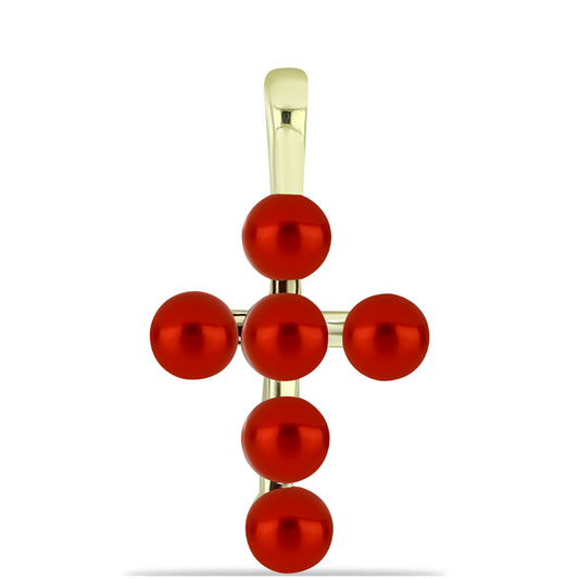 Cruz Pendente de Prata com Banho de Ouro com Pérola Vermelha de Água Doce