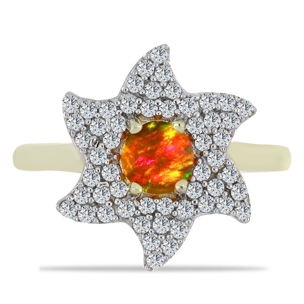 Anel de Prata com Banho de Ouro com Opala Fogo Americano e Topázio Branco  Contraste: Cabeca de Veado (800)