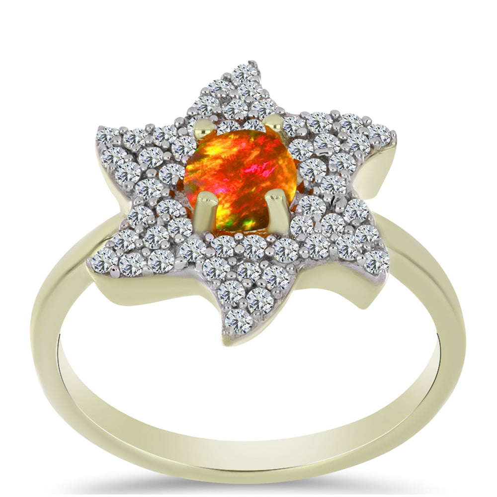 Anel de Prata com Banho de Ouro com Opala Fogo Americano e Topázio Branco  Contraste: Cabeca de Veado (800) 3 