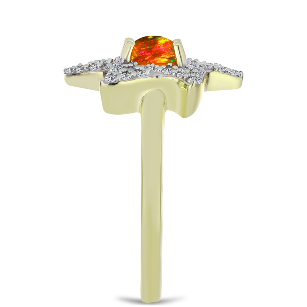 Anel de Prata com Banho de Ouro com Opala Fogo Americano e Topázio Branco  Contraste: Cabeca de Veado (800) 4 