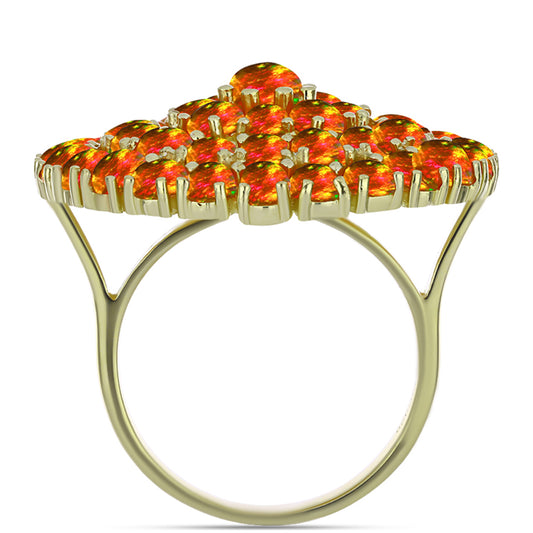 Anel de Prata com Banho de Ouro com Opala Fogo Americano  Contraste: Cabeca de Veado (800)