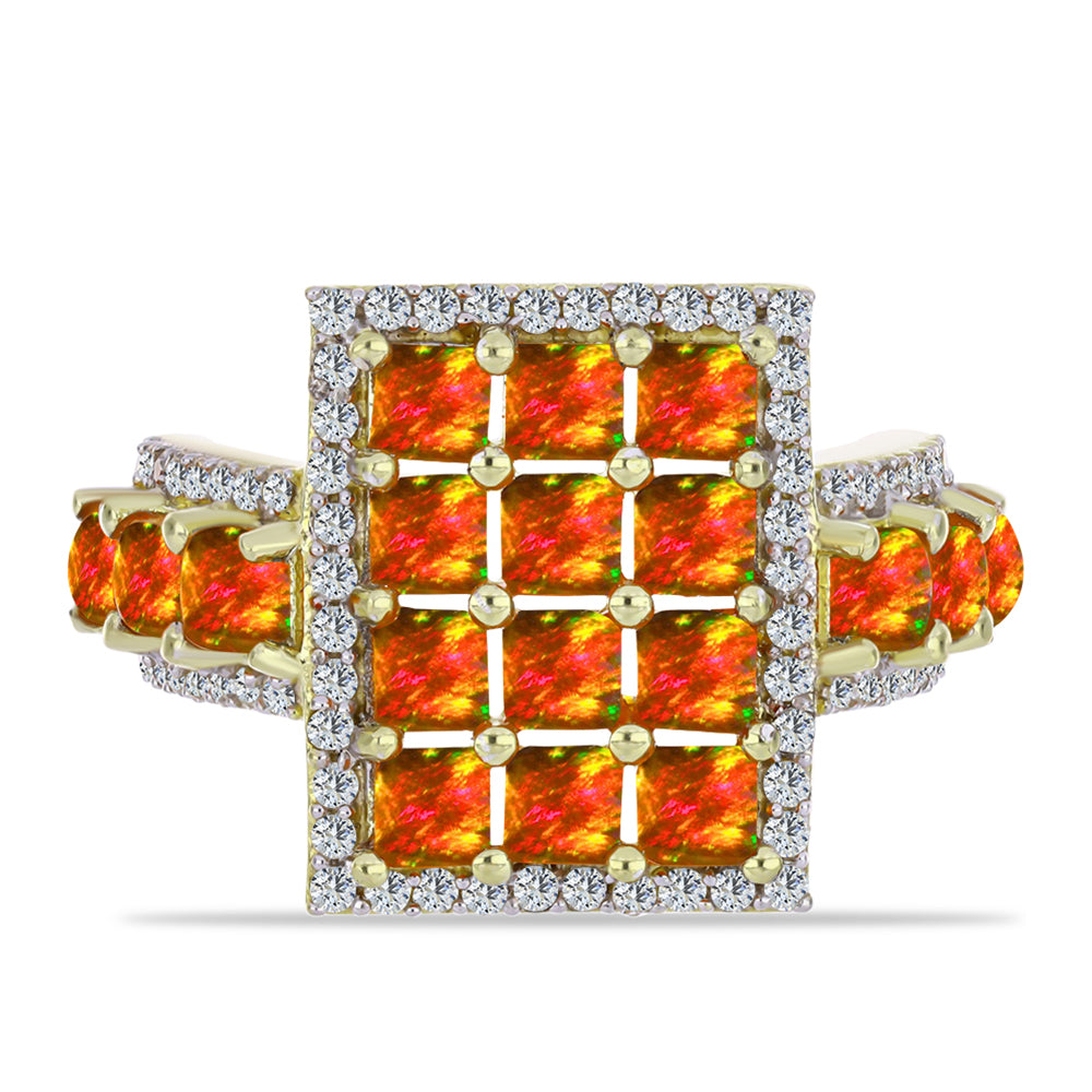 Anel de Prata com Banho de Ouro com Opala Fogo Americano e Topázio Branco  Contraste: Cabeca de Veado (800) 1 