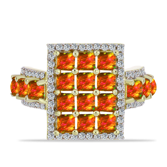 Anel de Prata com Banho de Ouro com Opala Fogo Americano e Topázio Branco  Contraste: Cabeca de Veado (800)