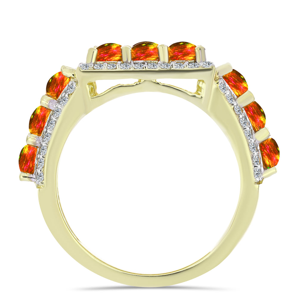 Anel de Prata com Banho de Ouro com Opala Fogo Americano e Topázio Branco  Contraste: Cabeca de Veado (800) 2 