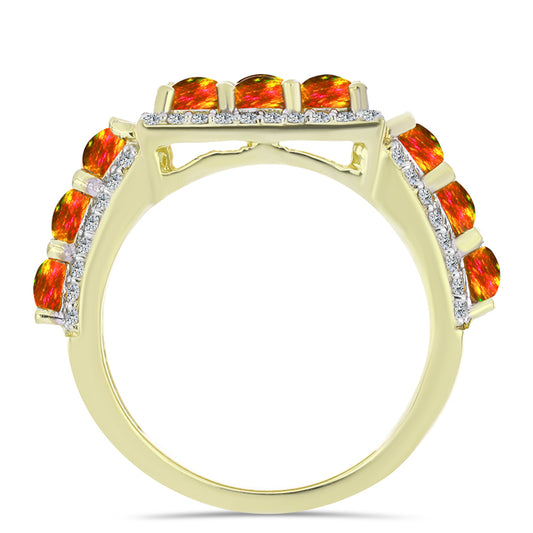 Anel de Prata com Banho de Ouro com Opala Fogo Americano e Topázio Branco  Contraste: Cabeca de Veado (800)