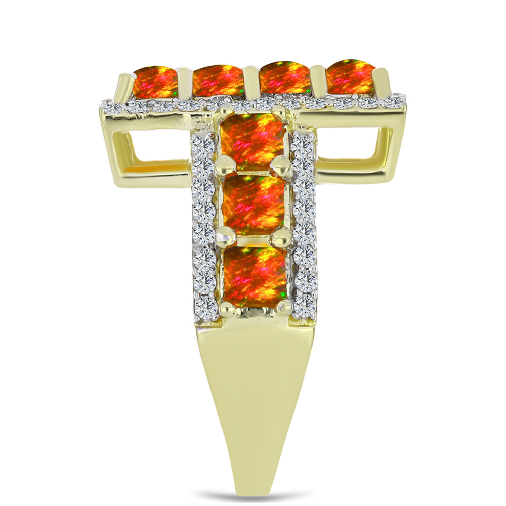 Anel de Prata com Banho de Ouro com Opala Fogo Americano e Topázio Branco  Contraste: Cabeca de Veado (800)