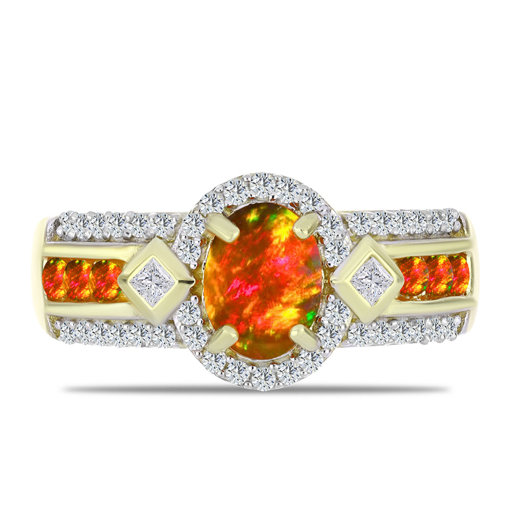 Anel de Prata com Banho de Ouro com Opala Fogo Americano e Topázio Branco  Contraste: Cabeca de Veado (800)