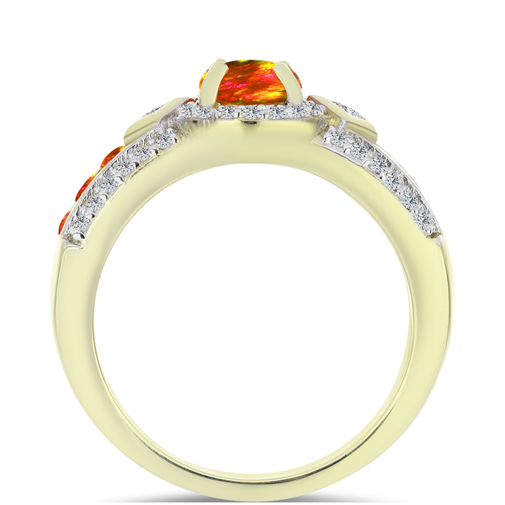 Anel de Prata com Banho de Ouro com Opala Fogo Americano e Topázio Branco  Contraste: Cabeca de Veado (800) 2 