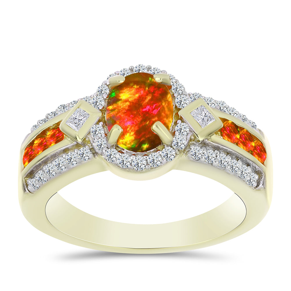 Anel de Prata com Banho de Ouro com Opala Fogo Americano e Topázio Branco  Contraste: Cabeca de Veado (800) 3 