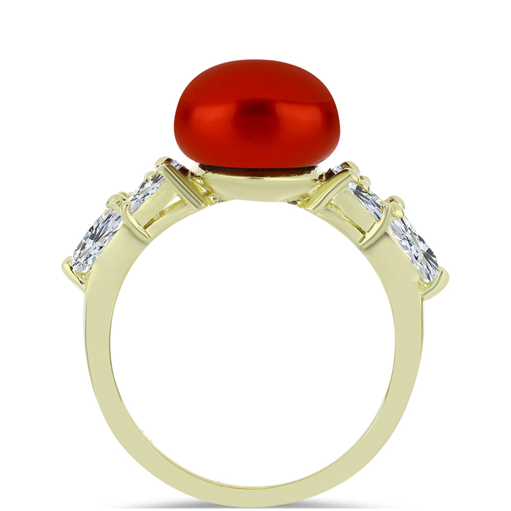 Anel de Prata com Banho de Ouro com Pérola Vermelha de Água Doce e Topázio Branco