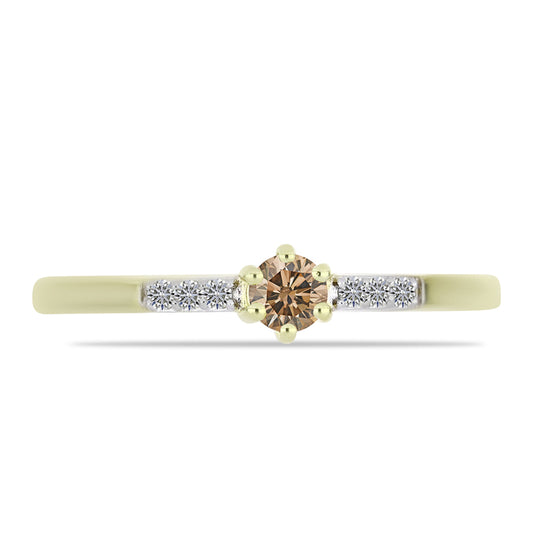 Anel de Prata com Banho de Ouro com Diamante Champanhe e Diamante Branco