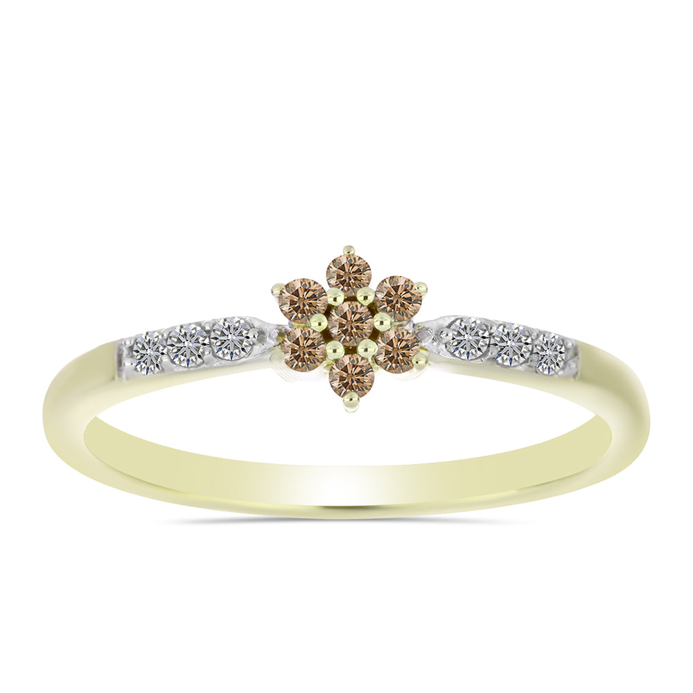 Anel de Prata com Banho de Ouro com Diamante Champanhe e Diamante Branco