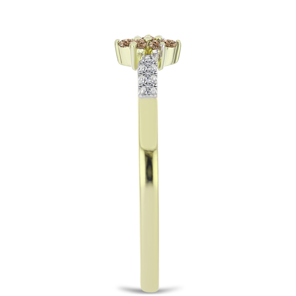 Anel de Prata com Banho de Ouro com Diamante Champanhe e Diamante Branco