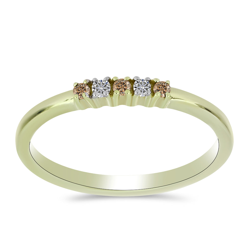 Anel de Prata com Banho de Ouro com Diamante Champanhe e Diamante Branco