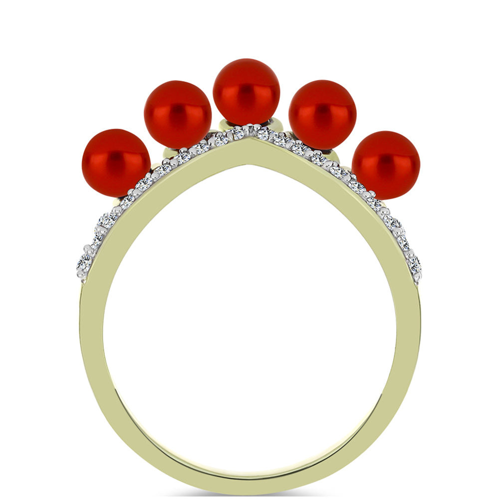 Anel de Prata com Banho de Ouro com Pérola Vermelha de Água Doce e Topázio Branco  Contraste: Cabeca de Veado (800)