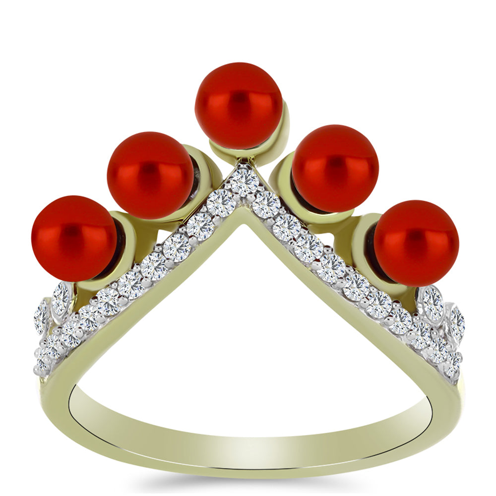 Anel de Prata com Banho de Ouro com Pérola Vermelha de Água Doce e Topázio Branco  Contraste: Cabeca de Veado (800) 3 