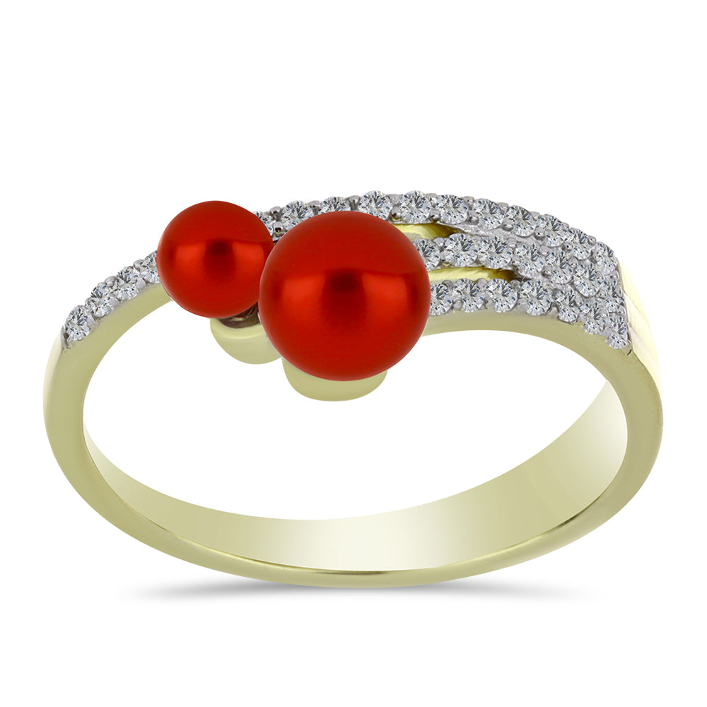Anel de Prata com Banho de Ouro com Pérola Vermelha de Água Doce e Topázio Branco