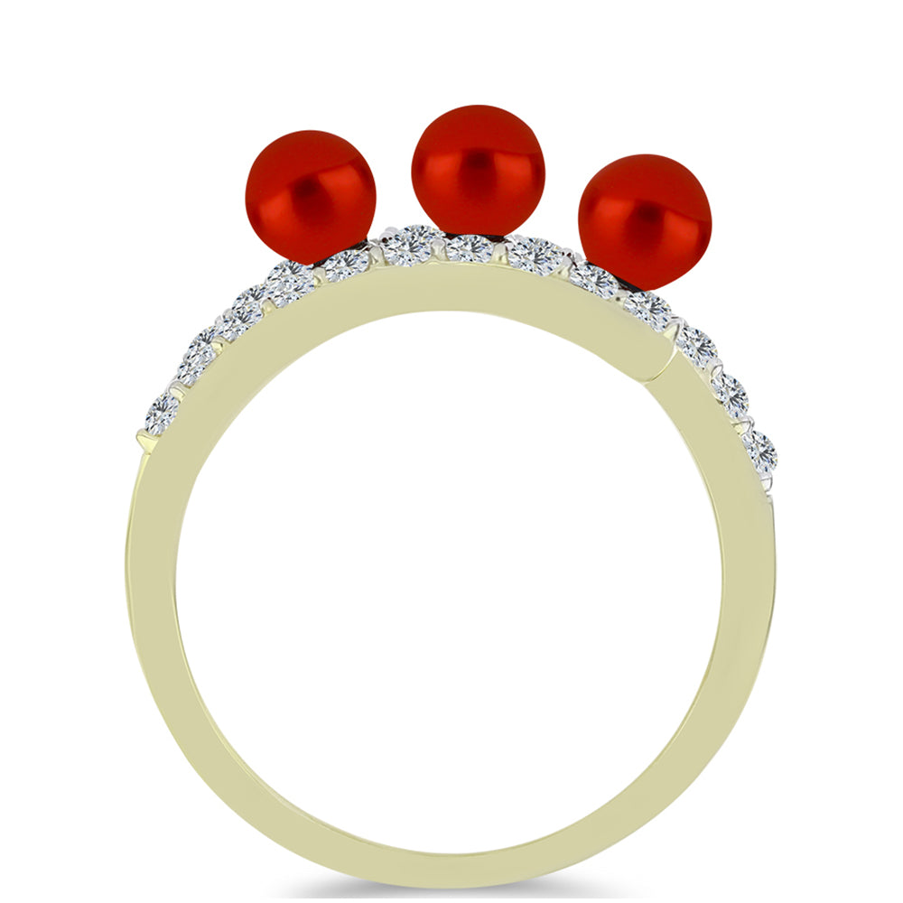 Anel de Prata com Banho de Ouro com Pérola Vermelha de Água Doce e Topázio Branco