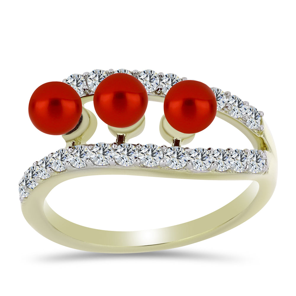 Anel de Prata com Banho de Ouro com Pérola Vermelha de Água Doce e Topázio Branco 3 