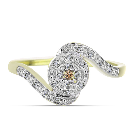 Anel de Prata com Banho de Ouro com Diamante Champanhe e Diamante Branco