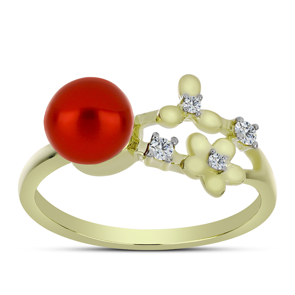 Anel de Prata com Banho de Ouro com Pérola Vermelha de Água Doce e Topázio Branco