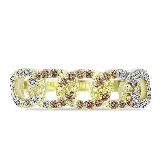 Anel de Prata com Banho de Ouro com Diamante Champanhe e Diamante Branco