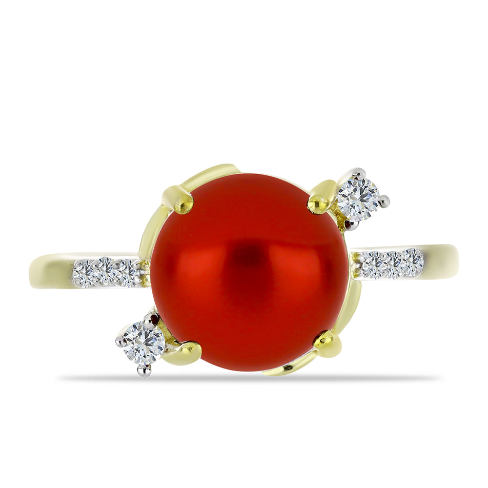 Anel de Prata com Banho de Ouro com Pérola Vermelha de Água Doce e Topázio Branco  Contraste: Cabeca de Veado (800)