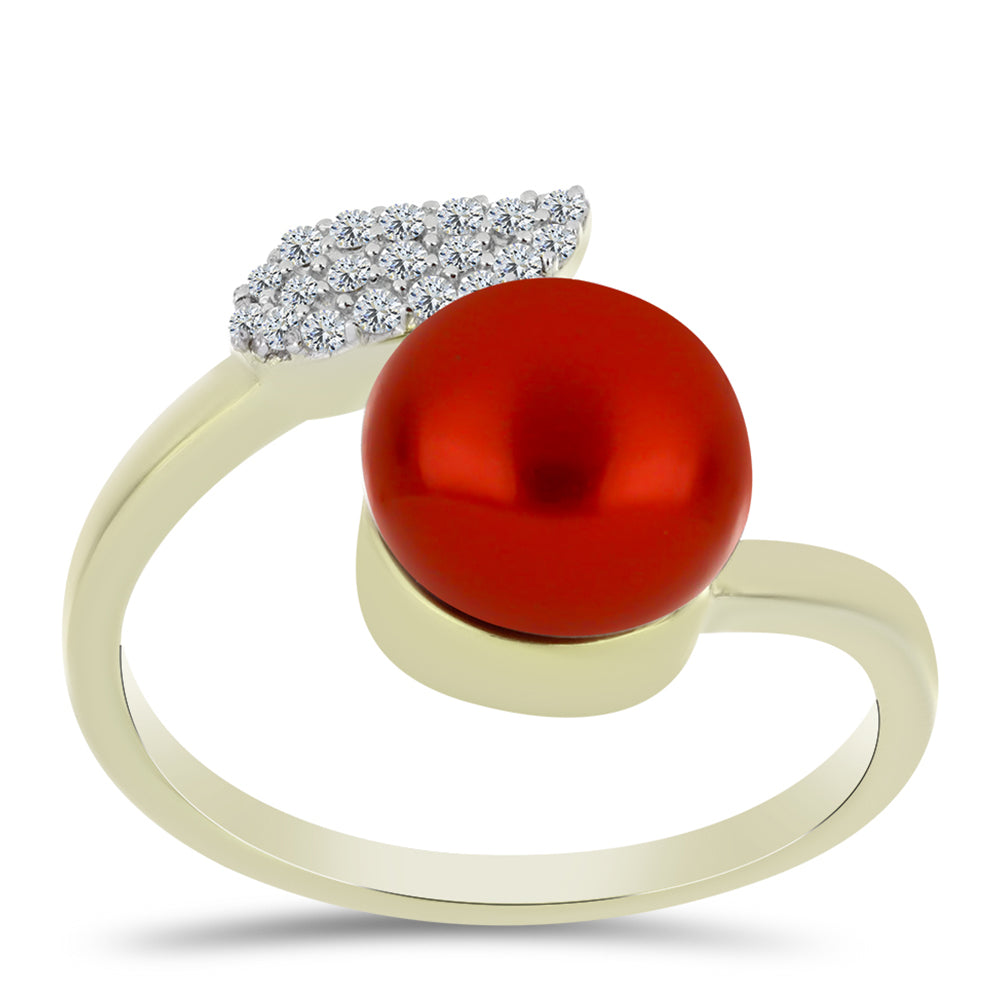 Anel de Prata com Banho de Ouro com Pérola Vermelha de Água Doce e Topázio Branco  Contraste: Cabeca de Veado (800) 3 